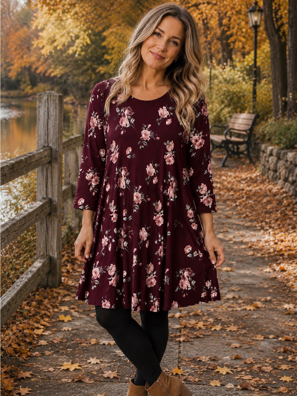 Burgundy Floral Dress Women’s XL ~ Fall Layering Piece ~ Soft Flowing Fabric